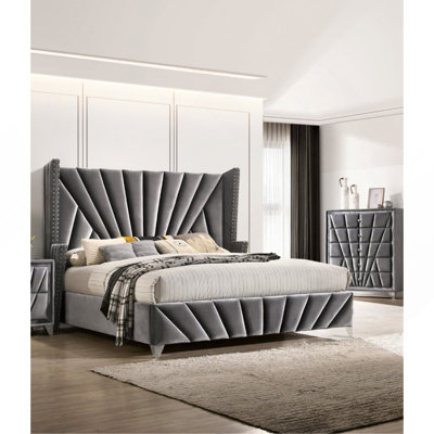 Bedroom Wingback Headboard 1Pc Eastern Bed Furniture Fabric Upholstered Unique Bed