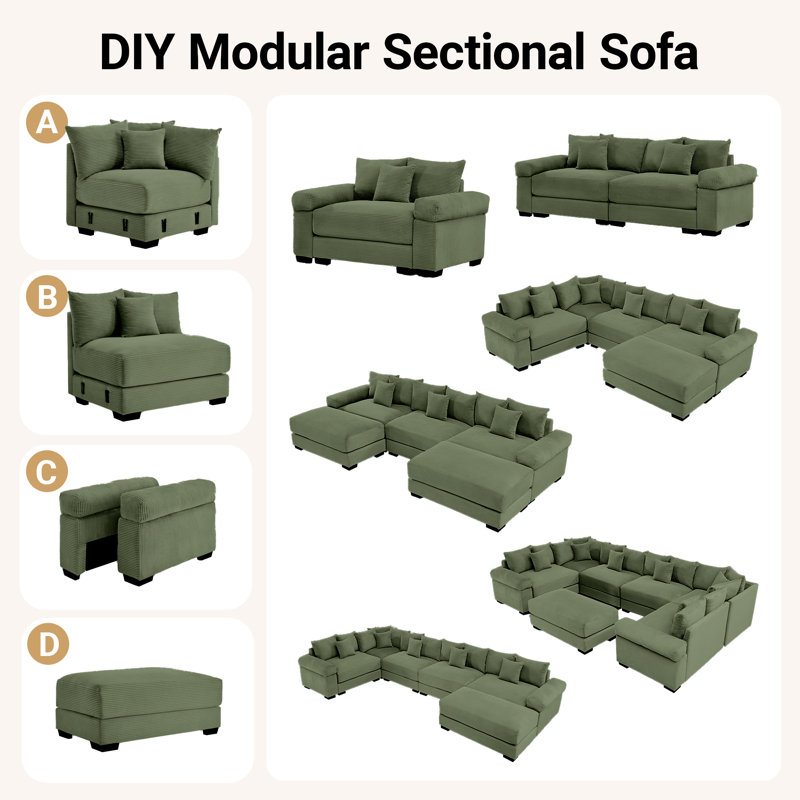 137.7" Corduroy Sectional Corner Sofa 7 Piece Oversized Modular Deep Seat Cloud Couch With Upholstered Movable Ottoman