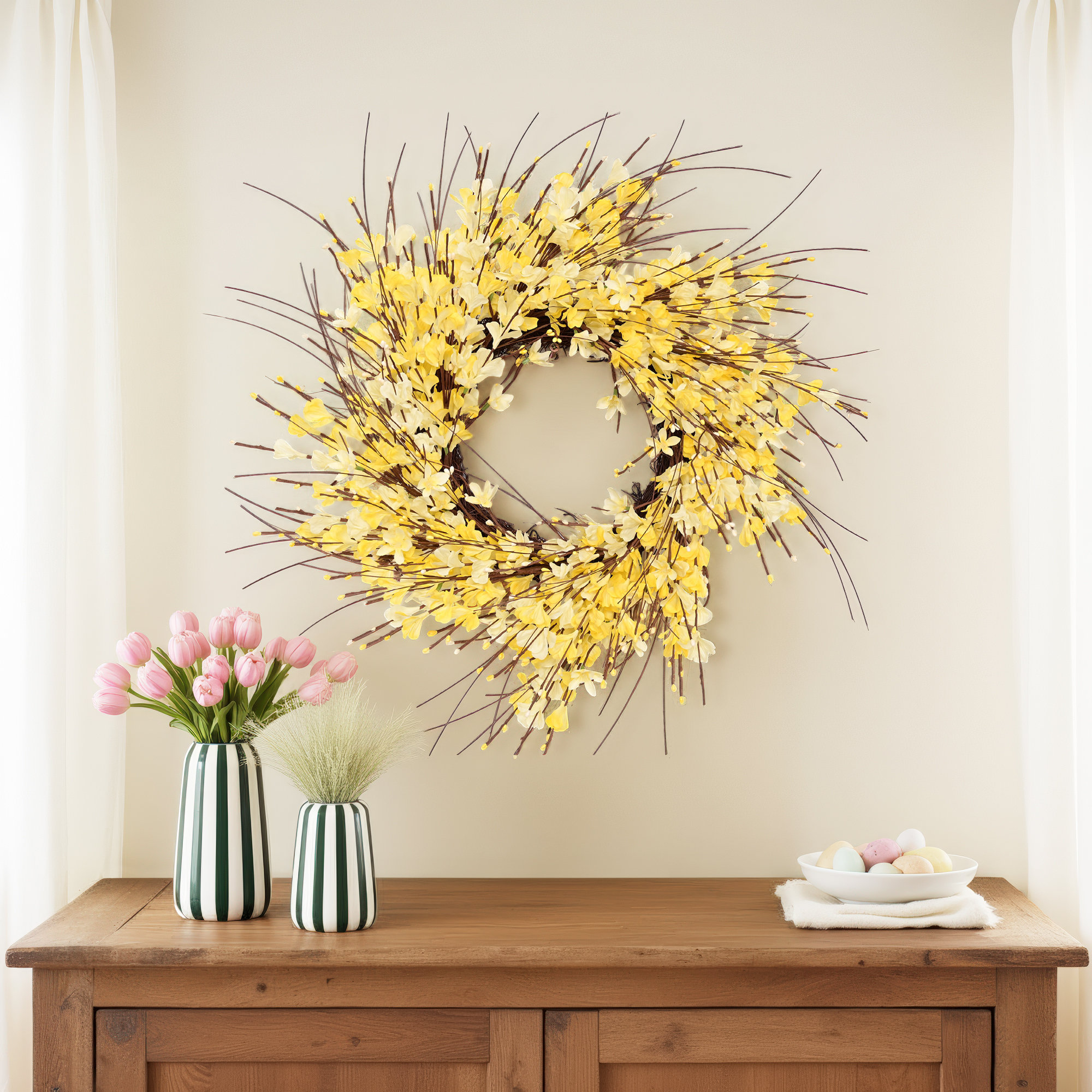 24" Artificial Farmhouse Twig Wildflower Blossoms Cluster Floral Wreath For Front Door