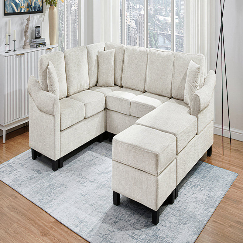 Canapé modulaire Canapé modulaire rembourré en chenille de 111,8 po avec repose-pieds de rangement mobile pour le salon, blanc