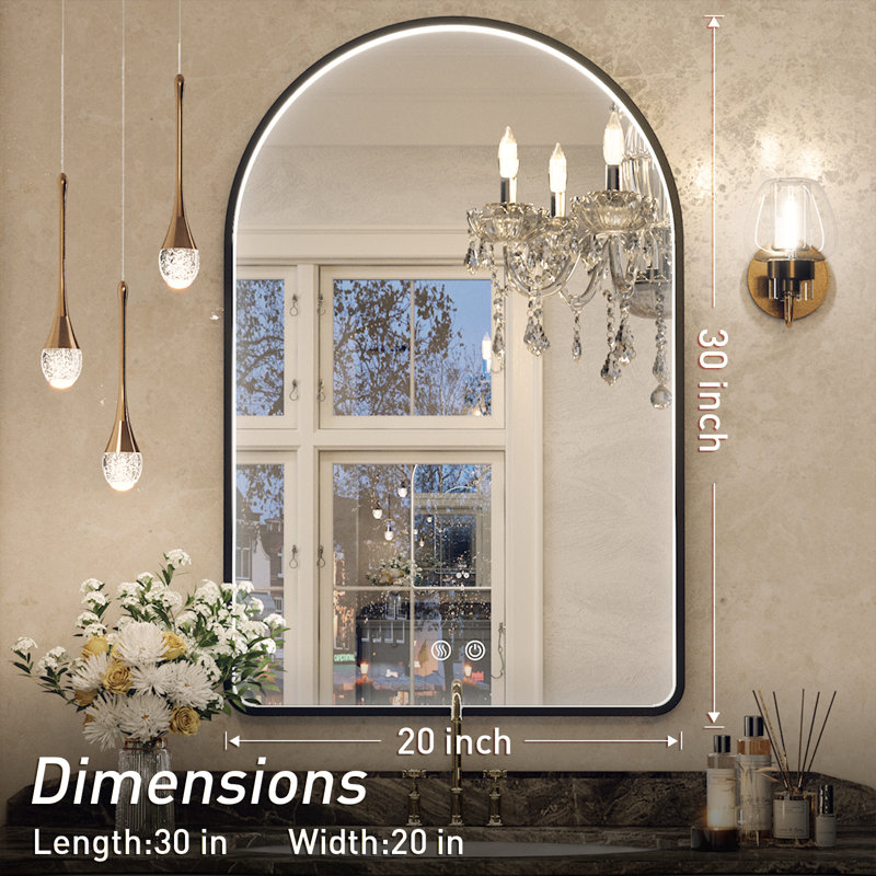 LED Bathroom Mirror with Lights, Arched Lighted Vanity Mirror with Anti-Fog, Memory Function,Dimmable, 30" x 20", Black