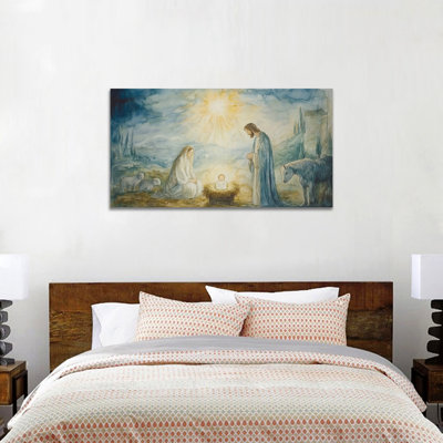 Large Nativity Canvas Wall Art - O Holy Night Nativity Scene Painting, Christmas Nativity Wall Decor, Nativity Pictures Wall Decor for Living Room, Framed Wrapped Canvas Print, 30×60 inches