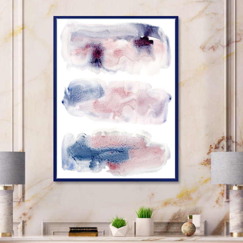 «Pink and Blue Clouds with Beige Spots I», peinture sur toile à cadre flottant, H 32 po x l 16 po x P 1 po
