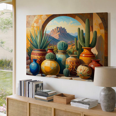 Canvas Wall Art A Richly Detailed Painting Of Desert Pottery Arranged Under A Stone Arch The Pottery Is Premium Quality Ready To Hang
