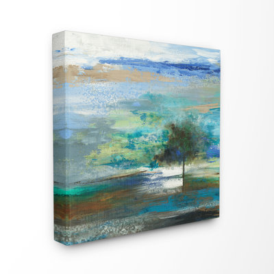 Un seul arbre dans un ciel abstrait bleu et vert taché par Liz Jardine - reproduction d'art