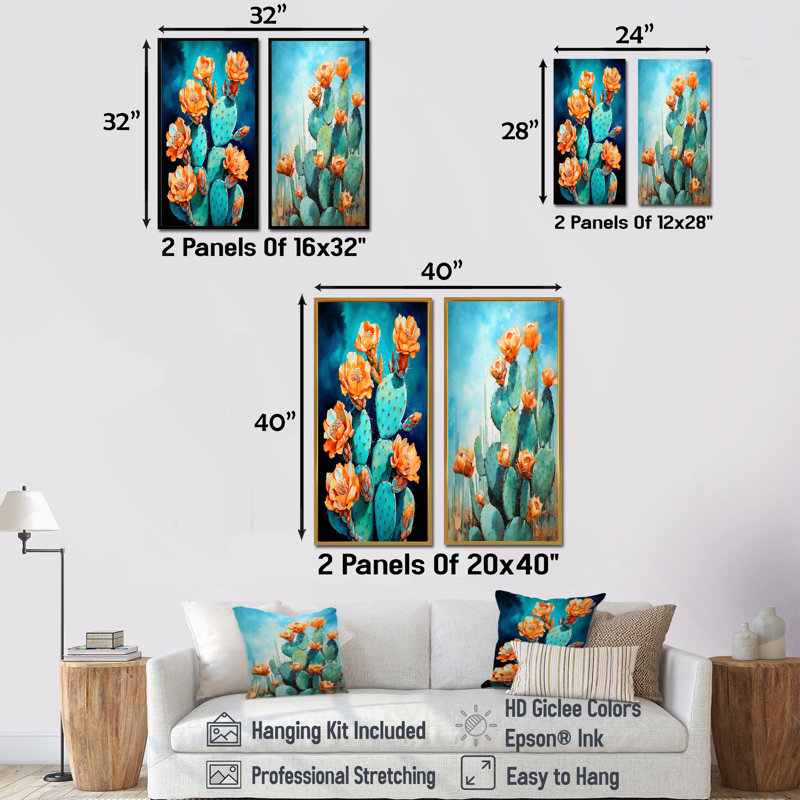 Cactus bleu et bronze brossé - ensemble de 2 décorations murales cactus, H 32 po x l 33 po, Cadre flottant blanc