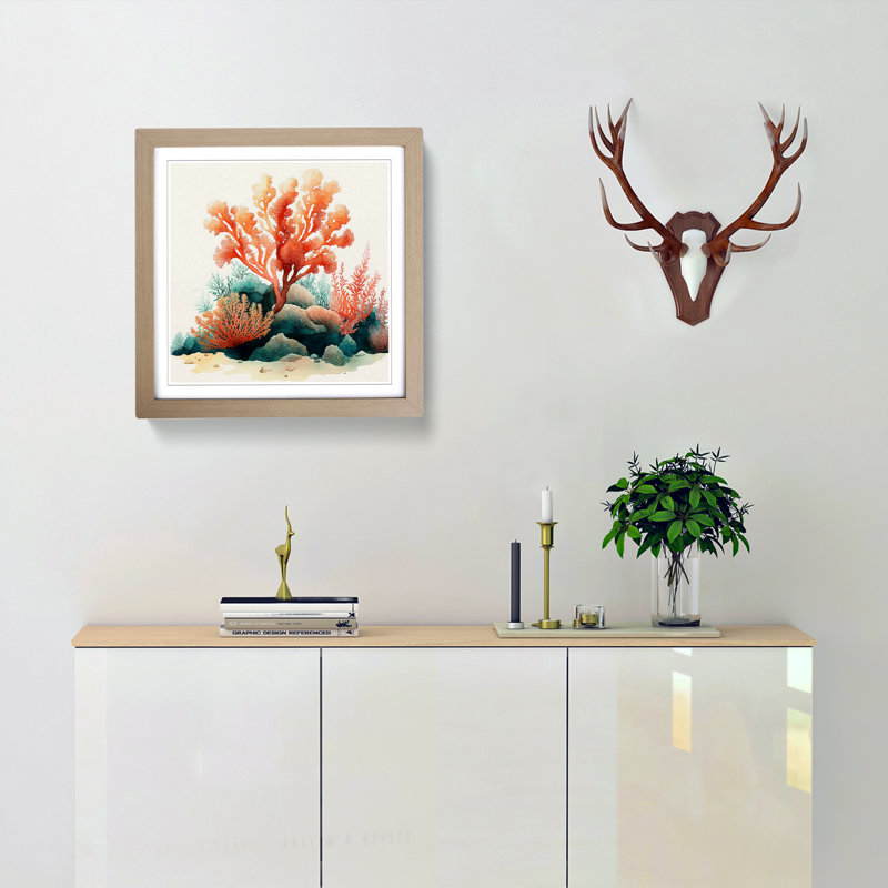 Coral Watercolour - Single Picture Frame Print on Wood, Oak