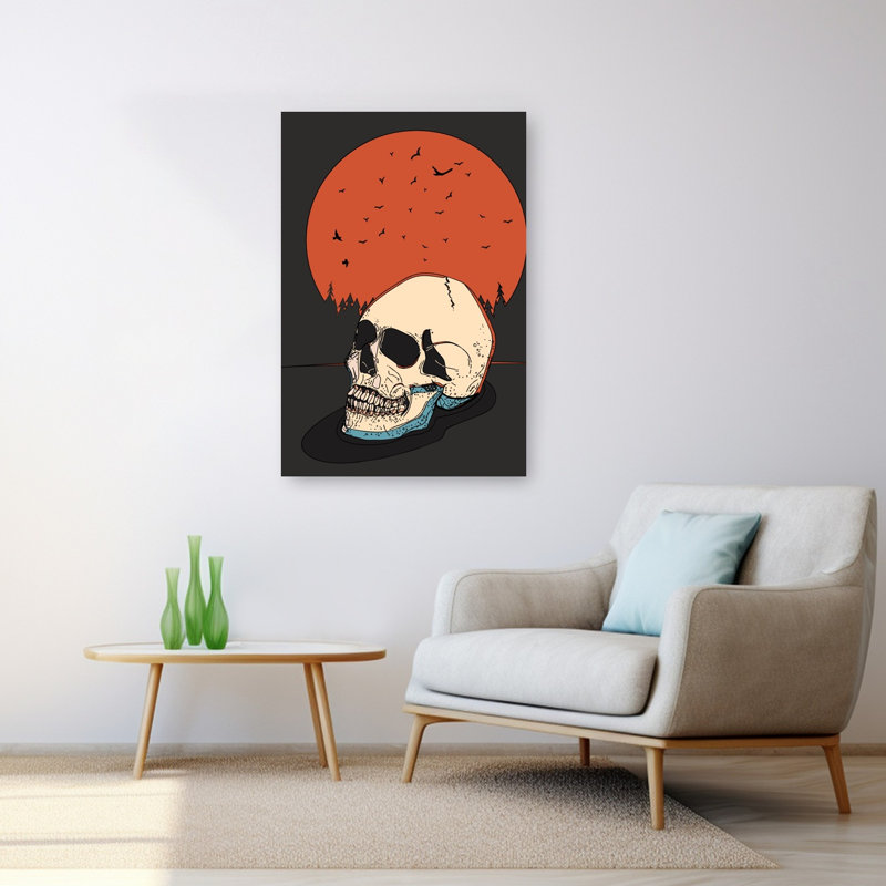 Crâne sous lune orange, style gothique abstrait contemporain, oiseau, forêt, coucher de soleil, affiche murale, 48" H x 32" W