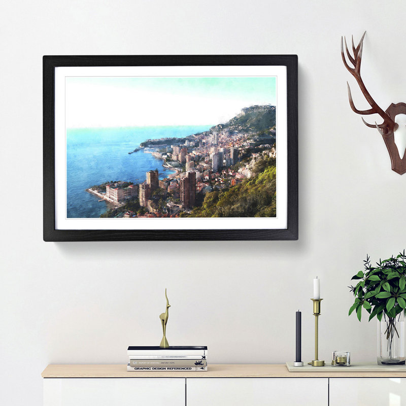 Skyline Of Monte Carlo In Monaco - Single Picture Frame Painting on MDF, Black Framed, 45cm H x 63cm W x 2cm D