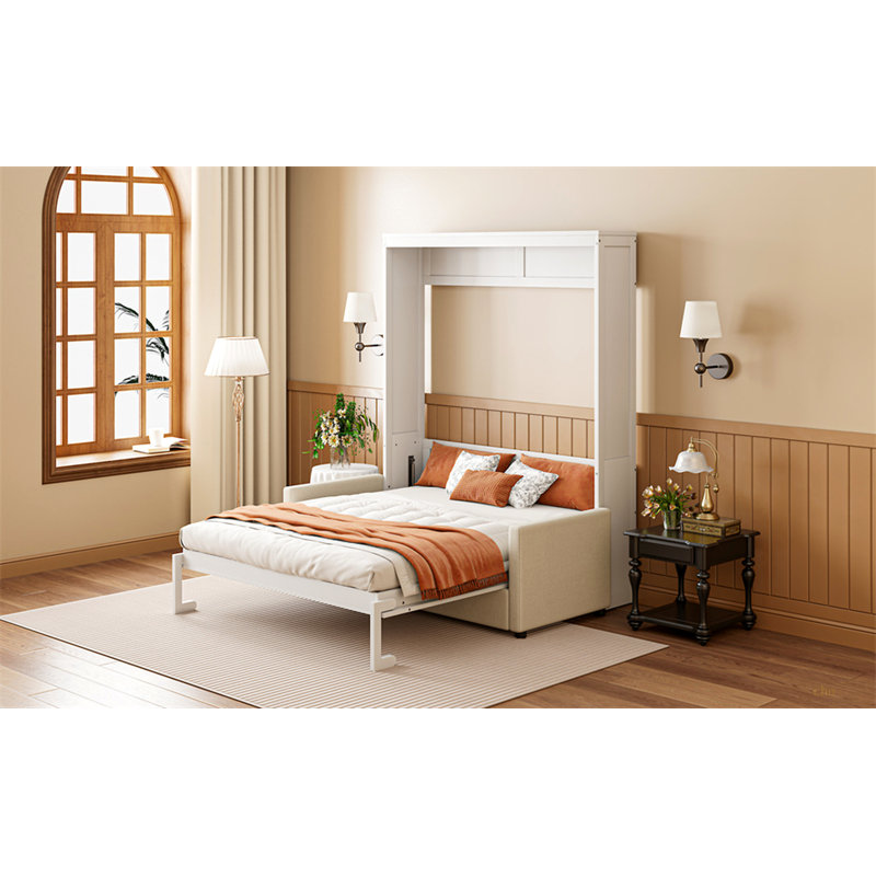 Lit escamotable double pleine grandeur avec coussin, Blanc
