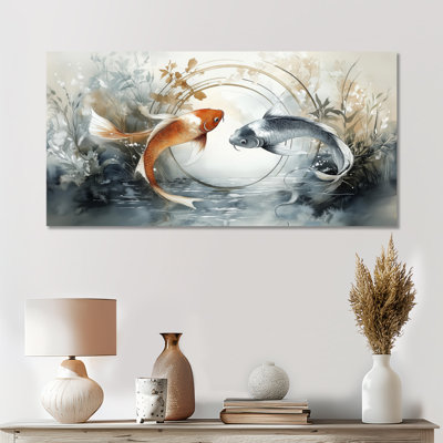 Grey Orange Koi Fish in Calm Pond – Zen Framed Print, Peaceful Canvas Wall Art