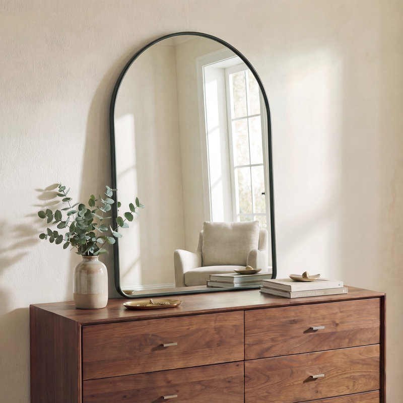 Elodie 28 in. W x 40 in. H Large Arched Aluminum Metal Framed Wall Mounted Bathroom Vanity Accent Mirror, Black, Black