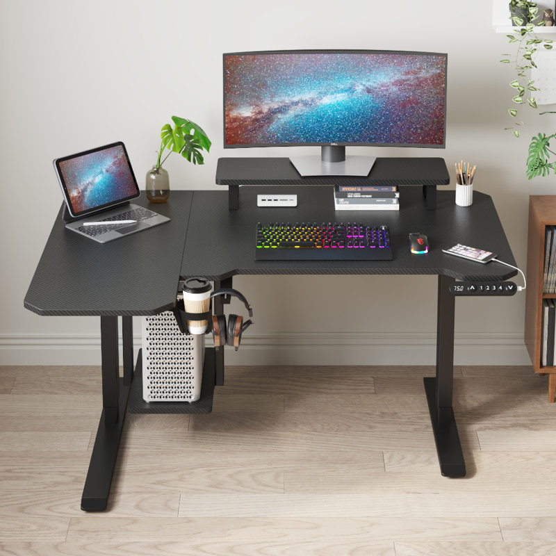 59“ L Shaped Adjustable Height Standing Desk With Shelves, Black