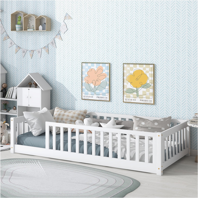 Floor Platform Bed with Fence without Door, White