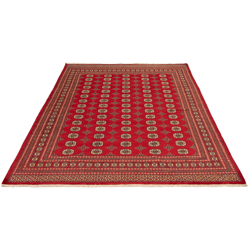 Tapis unique en laine noué à la main style Bokhara des années 2010 de 8 pi 2 po x 9 pi 10 po rouge / brun / ivoire Hovnan