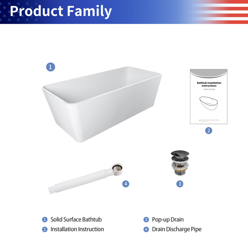 67 inch Freestanding Solid Surface Soaking Bathtub, Matte White One-Piece Freestanding Tub for Bathroom