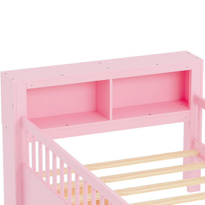 Lit simple en rose avec garde-corps et rangement pour tête de lit, Rose