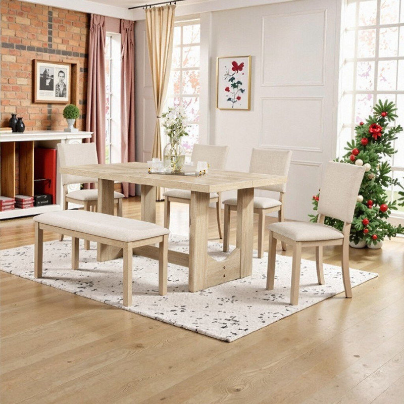 Ensemble de table de salle à manger rectangulaire en bois 6 pièces avec table de 57 pouces, banc et 4 chaises
