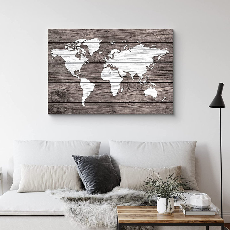 «World Map on White Wood Panels Places Country», reproduction d'art sur toile tendue, H 12 po x l 18 po x P 1,5 po
