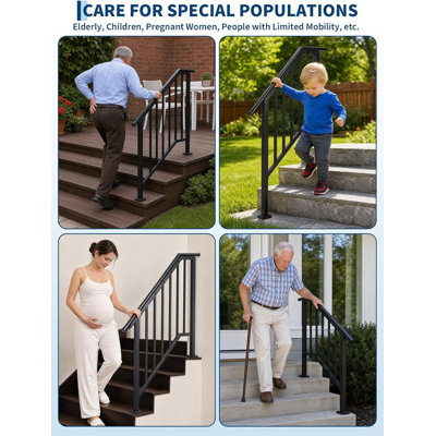 Adjustable Handrail for 1-2 Outdoor Steps, Wrought Iron Stair Railing with Balusters, Black, 500 LBS