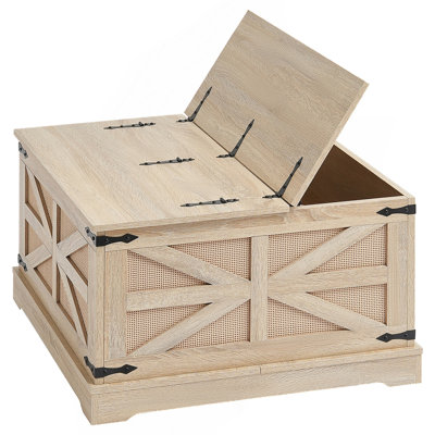 Rattan Coffee Table, Rectangle Coffee Table with Retro Metal Hinges, Center Table