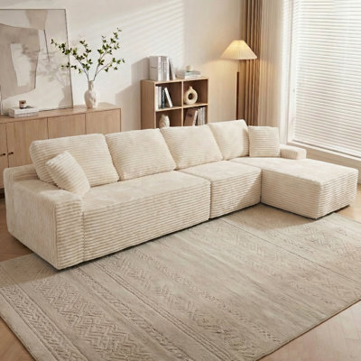 Canapé d'angle moderne en velours côtelé compressé de 141 pouces avec méridienne, matelas infonuagique en mousse à mémoire de forme et ressorts ensachés, canapé modulaire sans assemblage pour salon ou appartement