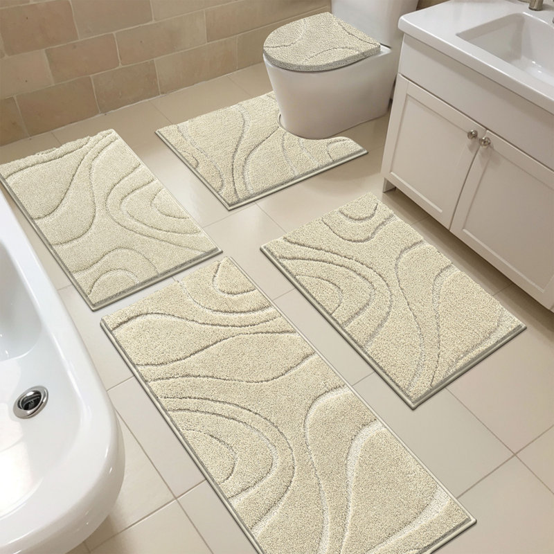 Ensemble de tapis de bain en microfibre 5 pièces avec envers antidérapant, Beige clair