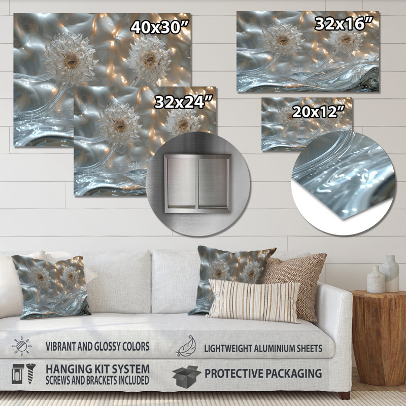 Sparkling Silver Dandelion Dreams II - Pissenlit, art mural, Métal métal, H 30 po x l 40 po x P 1,5 po