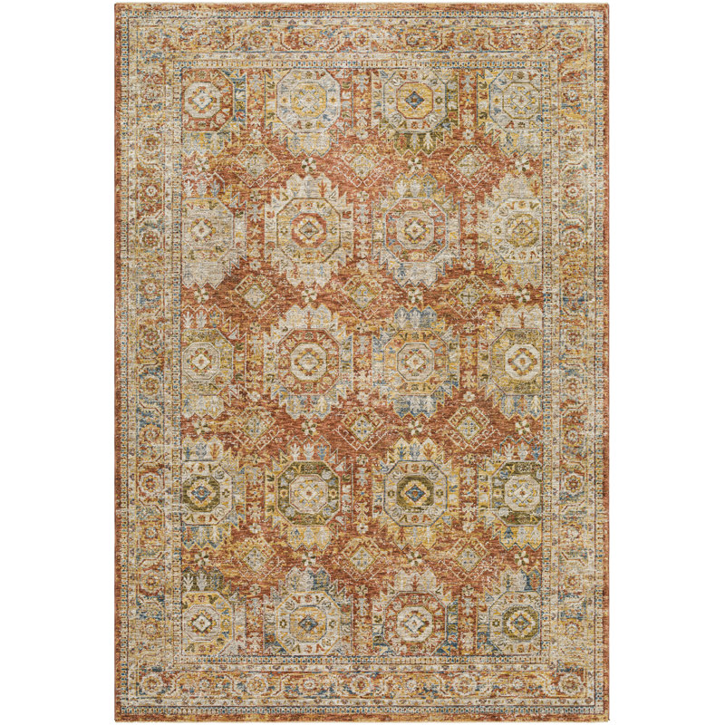 Tapis oriental en polyester tissé à la machine en rouille, Rectangle 12 pi x 15 pi
