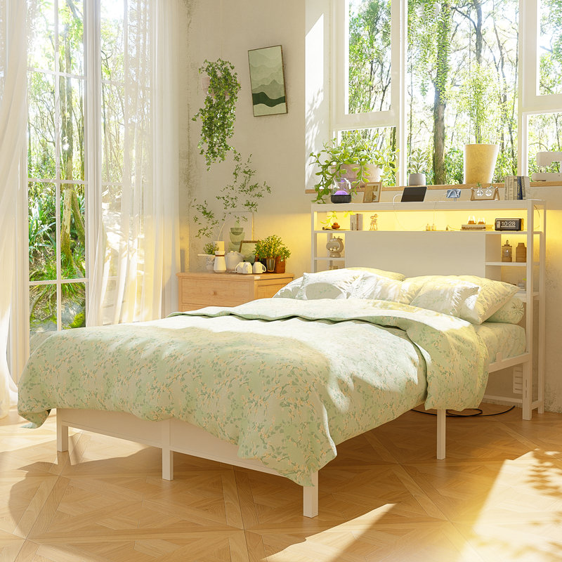 Tête de lit en bois avec lumières DEL et station de charge , Double, Blanc