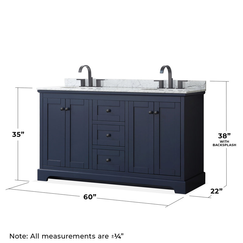 Avery 60'' Double Bathroom Vanity with Marble Top, Dark Blue, Matte Black