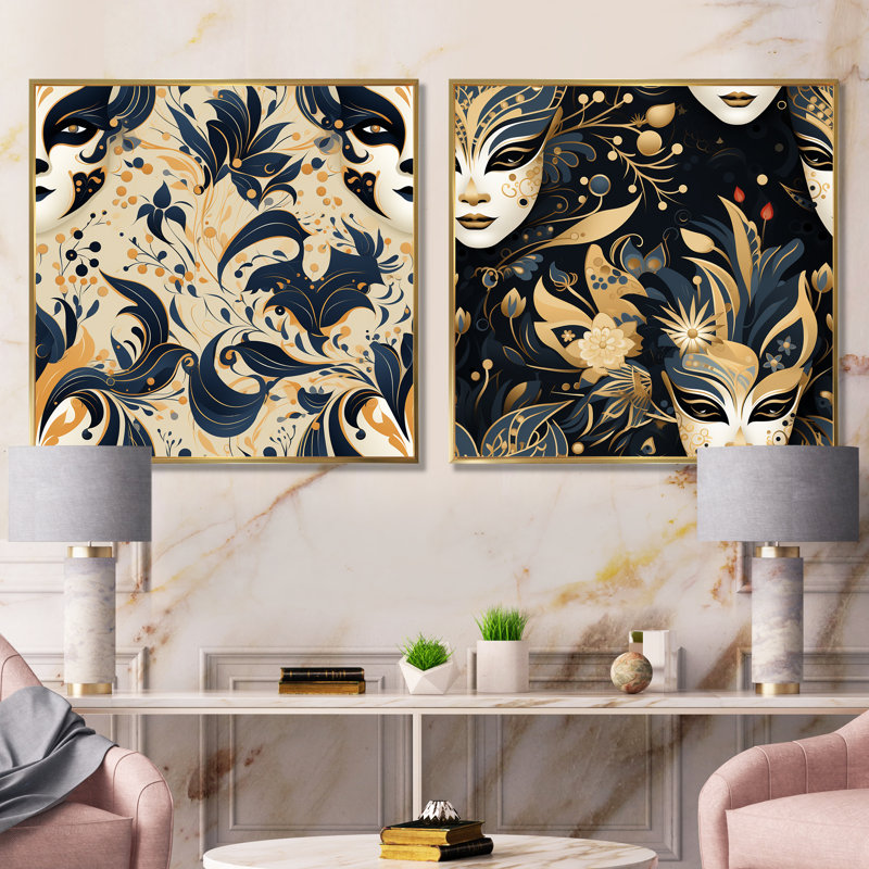 Motif doré Venice Masquerade II - ensemble de 2 décorations murales abstraites, Encadrement doré, H 16 po x l 33 po x P 1 po