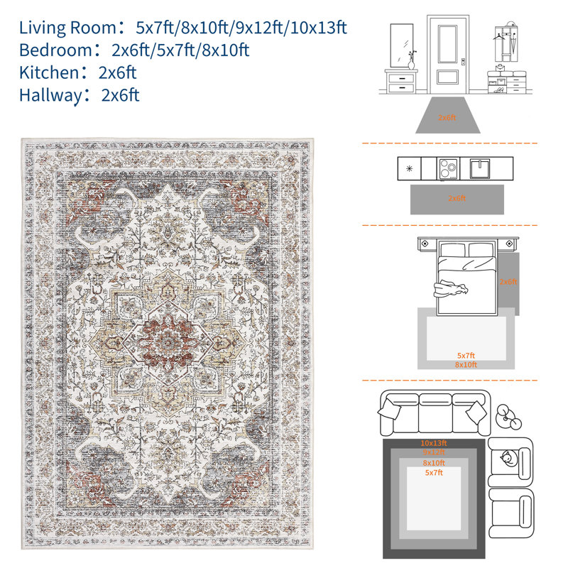 Washable Area Rug, Vintage Retro Carpet with Non-Slip Backing, Floral Pattern Floor Rugs for Entryway, Kitchen, Bathroom, Living Room, Hallways, Bedroom, Camel