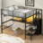 Full-Size Metal Loft Bed with Desk, Storage Staircase, Built-in Wardrobe, and Adjustable LED Lighting