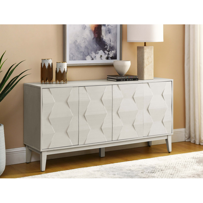 Buffet Mid-Century avec pieds en bois massif, Blanc