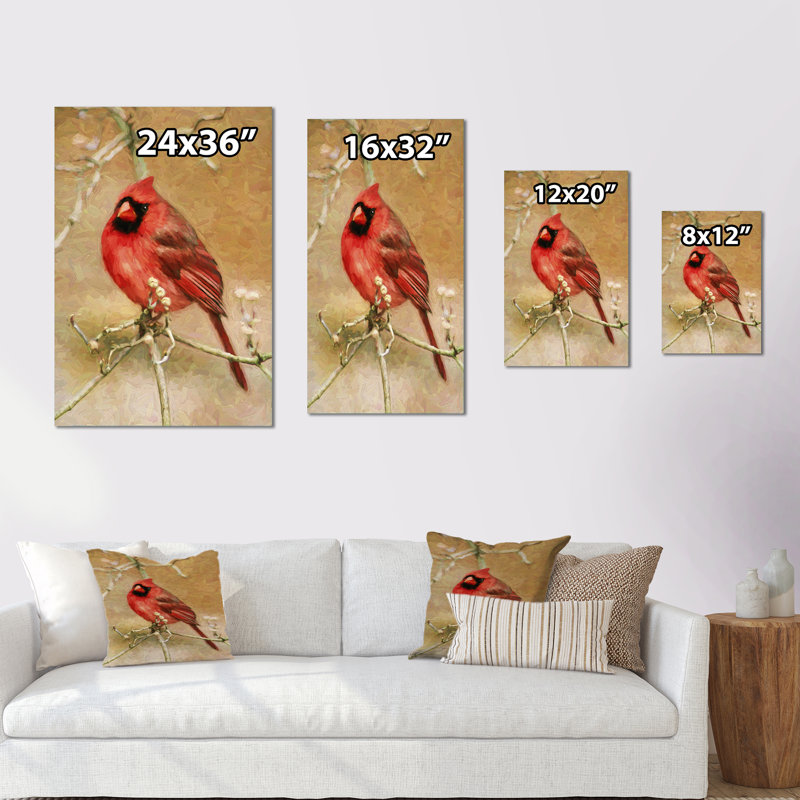 «Grunge Red Cardinal Bird», reproduction d'art sur toile encadrée, H 36 po x l 24 po x P 1 po, Toile tendue