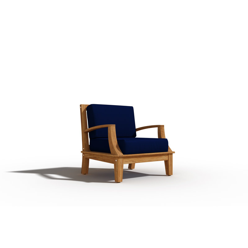 Fauteuil club d'extérieur en teck Elynore avec coussin en toile Sunbrella, Bleu marine