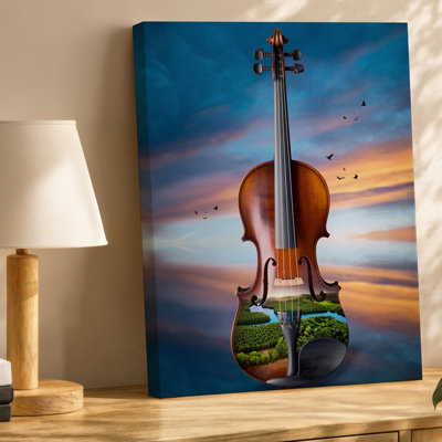 Toile, un majestueux violon se dresse contre un ciel crépuscule à couper le souffle, son corps est rempli d'un paysage vibrant d'art mural sur toile