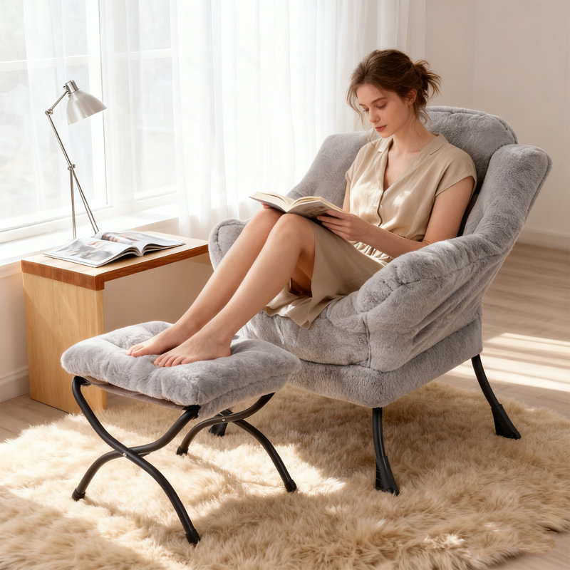 Fauteuil paresseux et rembourré Abramson, Peluche gris clair, Non