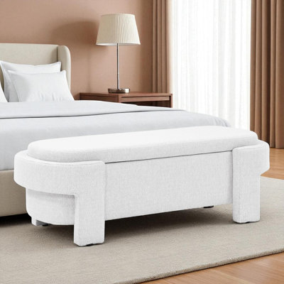 51.5"x20.5"x17" White Linen Fabric Upholstered Storage Bench, Large Flip Top Storage Space, Solid Turned Wood Legs, No Assembly Required, For Entryway Bedroom Living Room