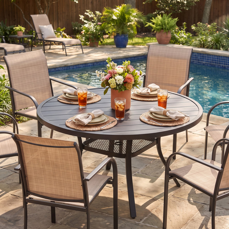 Ensemble repas pour 6 personnes avec table ronde et 6 chaises empilables, Brun / Noir
