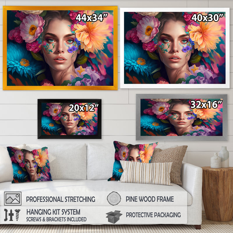 «Floral Sensual Woman Portrait I», impression sur toile, H 30 po x l 40 po x P 1,5 po, Cadre photo noir