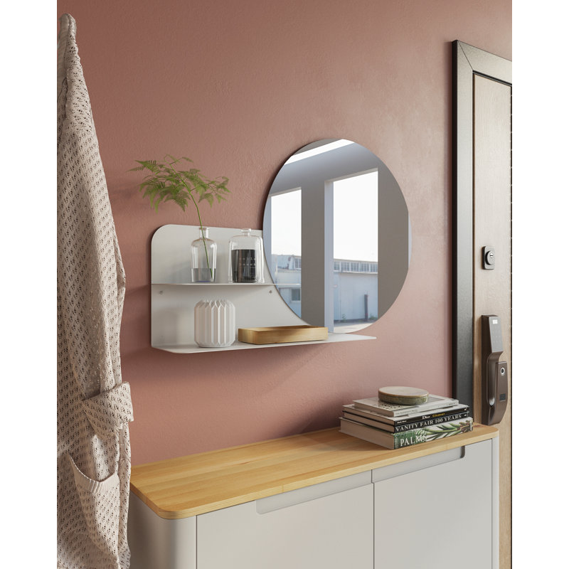 Metal Flat Wall Mirror with Shelves, White