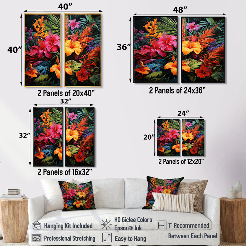 «Colorful Jungle Plants Dream - Large Jungle», art mural 2 pièces, 36" H x 48" W, Impression encadrée flottante, Black