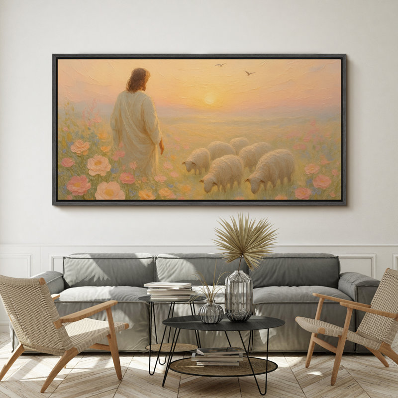 «Jesus with His Sheep at Sunset in a Soft Garden Landscape», très grandes images, impression sur toile encadrée