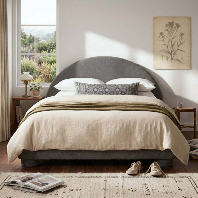Lit plateforme en tissu bouclé Boucle, Double, Gris