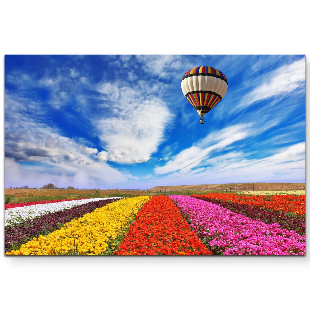 Leinwandbild Bunte Blumenfelder mit Heißluftballon