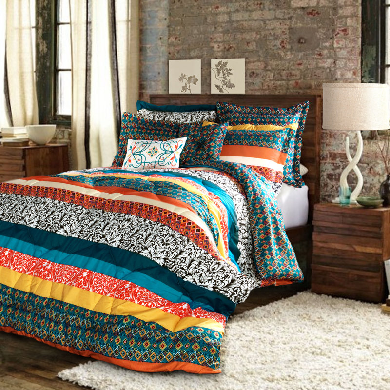 Boho Stripe Turquoise/Tangerine Microfiber Reversible Comforter Set, Full/Queen Comforter+4 Shams+2 Throw Pillow