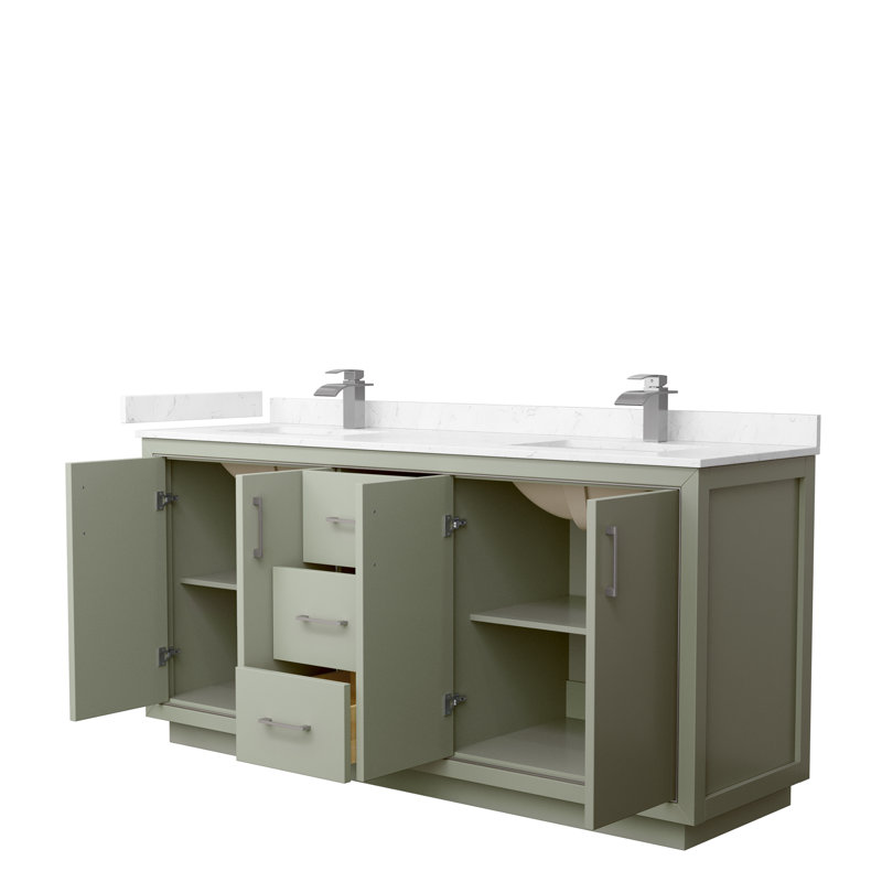 Icon 72" Double Bathroom Vanity Set, Carrara, Brushed Nickel, Light Green