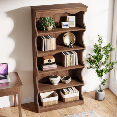 70" Tall 5-tier Bookcase With Curved Edges, Vintage Wood
